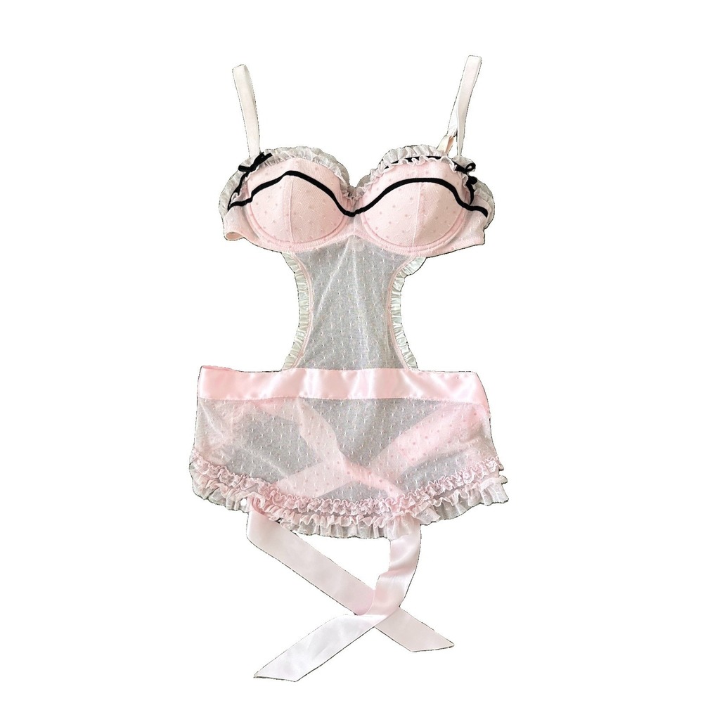 Victorias Secret 2008 Pink French Maid One Piece Womens 36C Coquette Ruffle Sexy